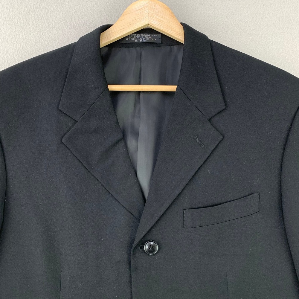 Vintage Wool Blazer Jacket Mens 40 Black Four Button Solid Wool Blend Suit Coat